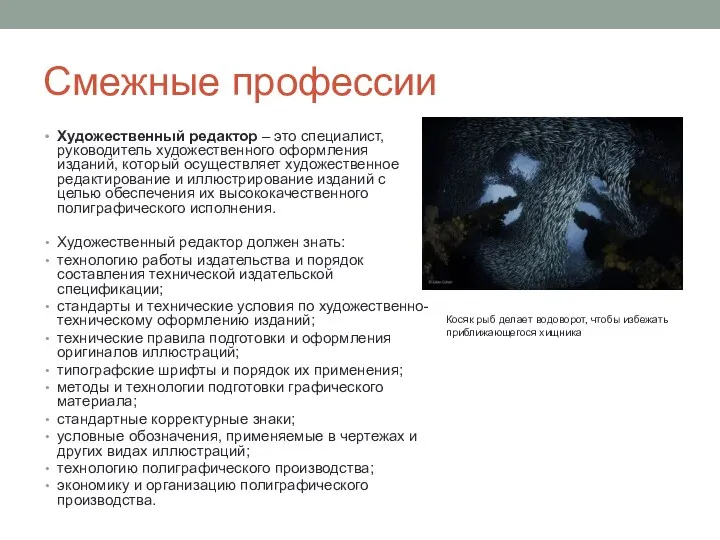 Смежные профессии Художественный редактор – это специалист, руководитель художественного оформления