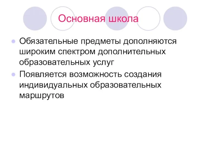 Основная школа Обязательные предметы дополняются широким спектром дополнительных образовательных услуг Появляется возможность создания индивидуальных образовательных маршрутов