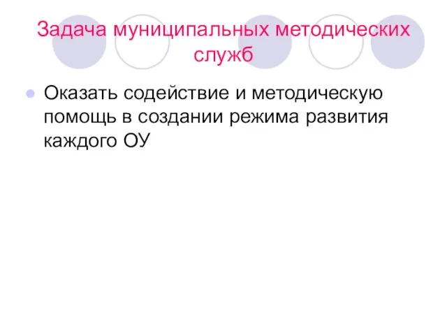 Задача муниципальных методических служб Оказать содействие и методическую помощь в создании режима развития каждого ОУ