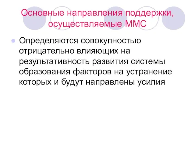 Основные направления поддержки, осуществляемые ММС Определяются совокупностью отрицательно влияющих на