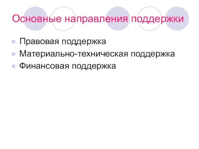 Основные направления поддержки Правовая поддержка Материально-техническая поддержка Финансовая поддержка