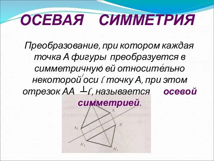 ОСЕВАЯ СИММЕТРИЯ Преобразование, при котором каждая точка А фигуры преобразуется в симметричную ей