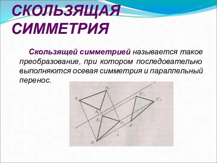 СКОЛЬЗЯЩАЯ СИММЕТРИЯ Скользящей симметрией называется такое преобразование, при котором последовательно выполняются осевая симметрия и параллельный перенос.