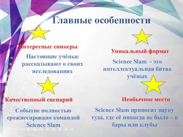 Главные особенности Настоящие учёные рассказывают о своих исследованиях Уникальный формат