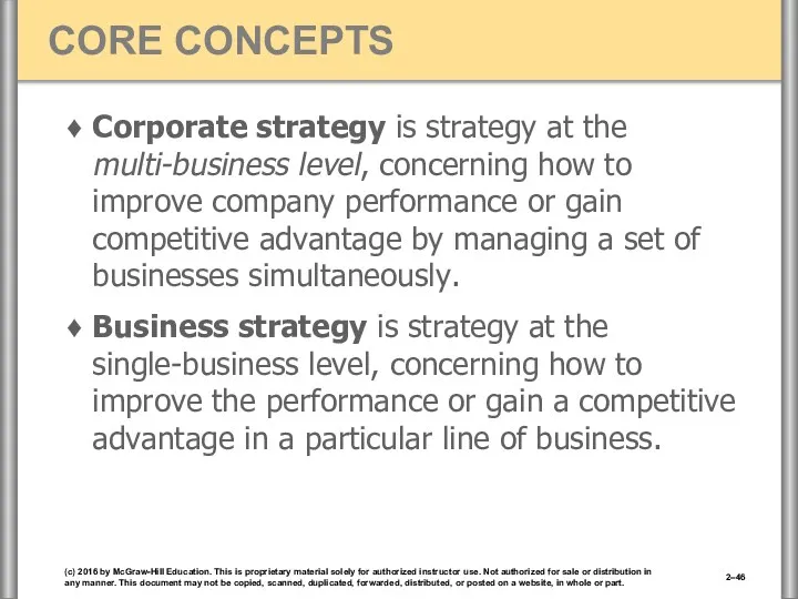 Corporate strategy is strategy at the multi-business level, concerning how