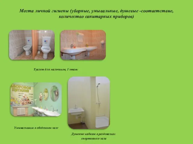 Места личной гигиены (уборные, умывальные, душевые -соответствие, количество санитарных приборов) Туалет для мальчиков,