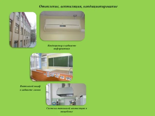 Отопление, вентиляция, кондиционирование Система вытяжной вентиляции в пищеблоке Кондиционер в кабинете информатики Вытяжной