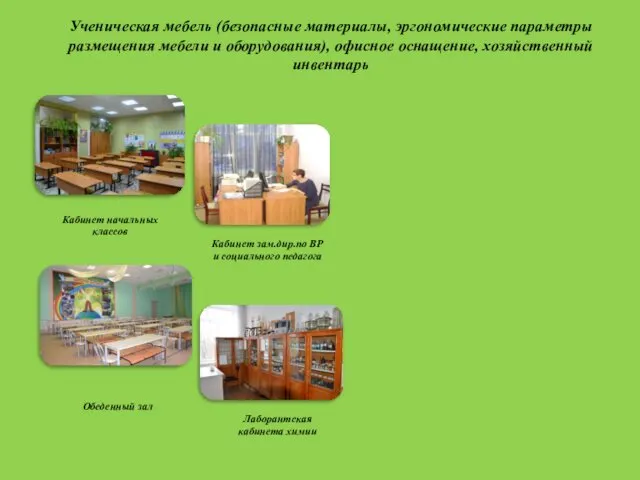 Ученическая мебель (безопасные материалы, эргономические параметры размещения мебели и оборудования), офисное оснащение, хозяйственный