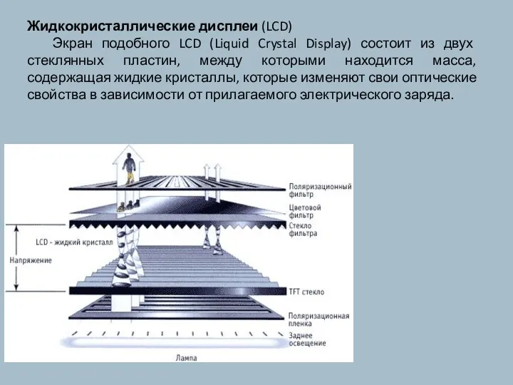 Жидкокристаллические дисплеи (LCD) Экран подобного LCD (Liquid Crystal Display) состоит