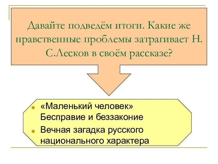 Давайте подведём итоги. Какие же нравственные проблемы затрагивает Н.С.Лесков в