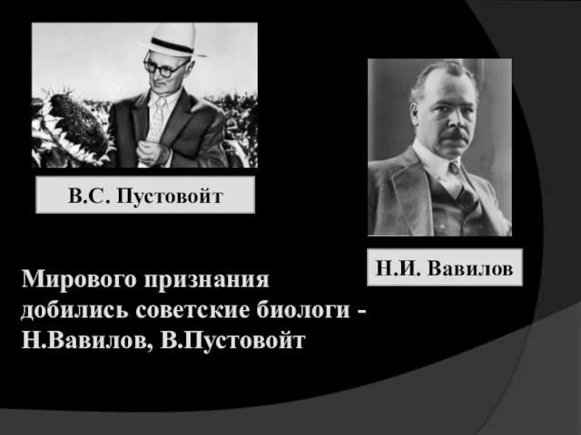 Мирового признания добились советские биологи - Н.Вавилов, В.Пустовойт В.С. Пустовойт Н.И. Вавилов