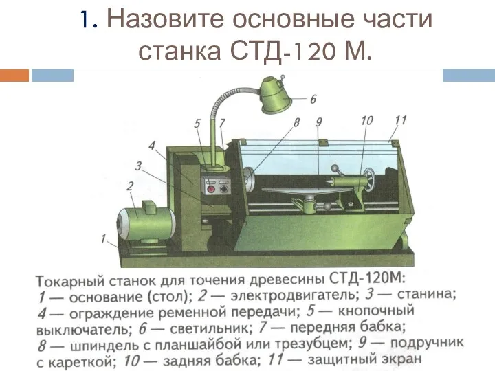 1. Назовите основные части станка СТД-120 М.