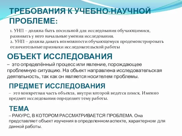 ТРЕБОВАНИЯ К УЧЕБНО-НАУЧНОЙ ПРОБЛЕМЕ: 1. УНП – должна быть посильной для исследования обучающимися,