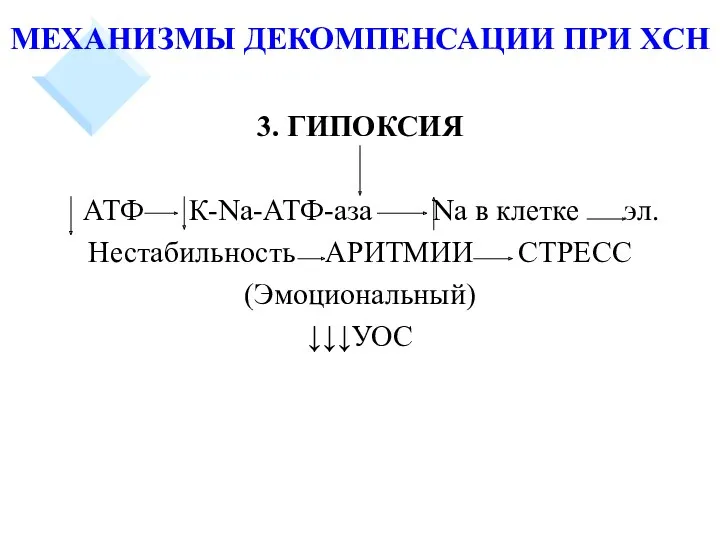 МЕХАНИЗМЫ ДЕКОМПЕНСАЦИИ ПРИ ХСН 3. ГИПОКСИЯ АТФ К-Na-АТФ-аза Na в клетке эл. Нестабильность