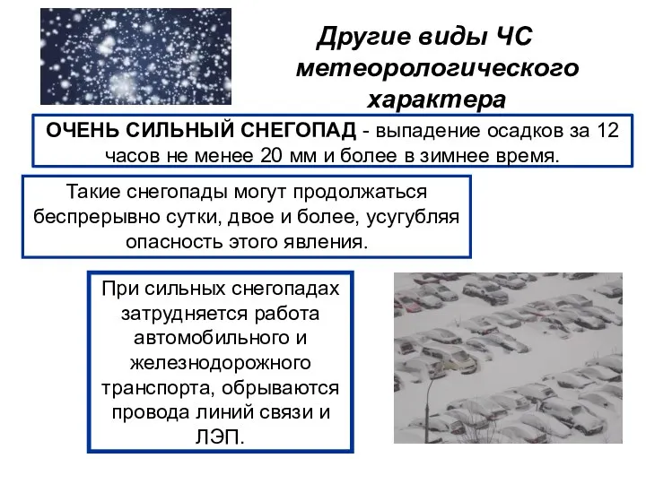 Другие виды ЧС метеорологического характера ОЧЕНЬ СИЛЬНЫЙ СНЕГОПАД - выпадение