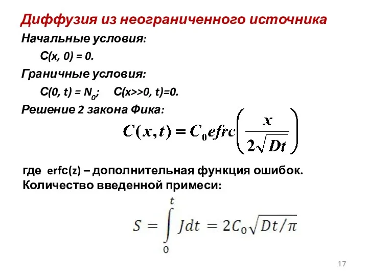 Диффузия из неограниченного источника Начальные условия: С(x, 0) = 0.