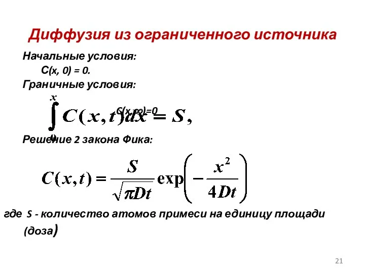 Диффузия из ограниченного источника Начальные условия: С(x, 0) = 0.