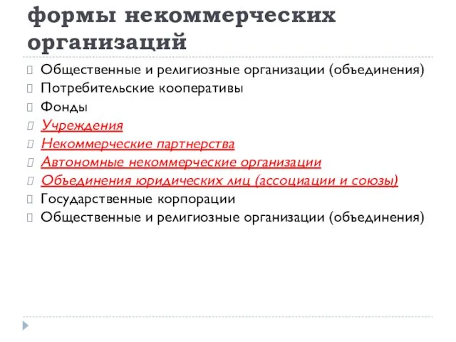 Организационно-правовые формы некоммерческих организаций Общественные и религиозные организации (объединения) Потребительские