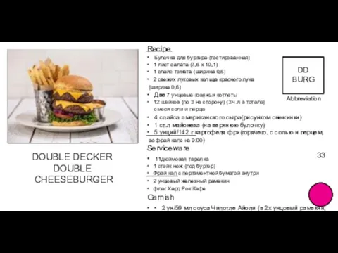 Abbreviation FOOD TITLE Price 33 Abbreviation DOUBLE DECKER DOUBLE CHEESEBURGER