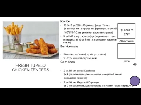 Abbreviation FOOD TITLE Price 49 FRESH TUPELO CHICKEN TENDERS Price