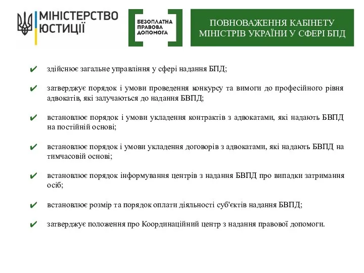 здійснює загальне управління у сфері надання БПД; затверджує порядок і