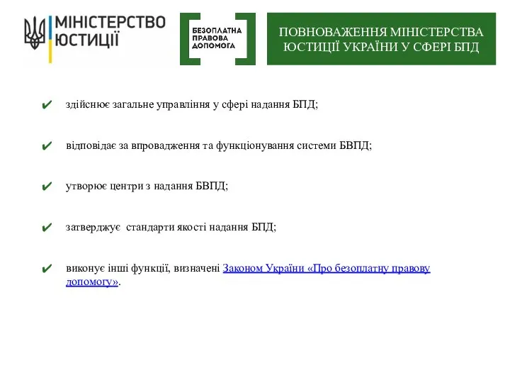 здійснює загальне управління у сфері надання БПД; відповідає за впровадження