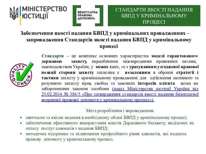 Забезпечення якості надання БВПД у кримінальних провадженнях – запровадження Стандартів