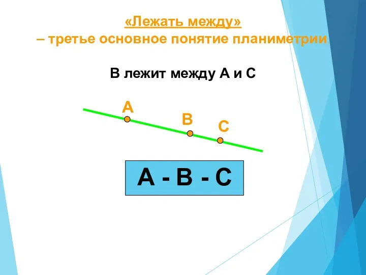 «Лежать между» – третье основное понятие планиметрии. B лежит между A и C