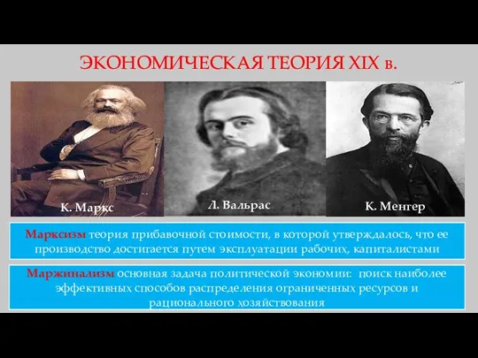 ЭКОНОМИЧЕСКАЯ ТЕОРИЯ XIX в. К. Менгер Л. Вальрас Марксизм теория