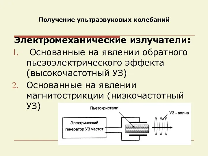 Получение ультразвуковых колебаний Электромеханические излучатели: Основанные на явлении обратного пьезоэлектрического