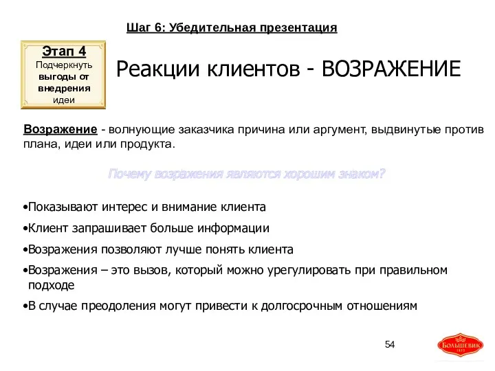 Шаг 6: Убедительная презентация Возражение - волнующие заказчика причина или