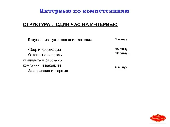 Интервью по компетенциям Вступление - установление контакта Сбор информации Ответы