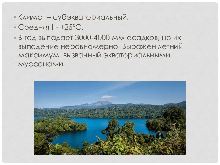 Климат – субэкваториальный. Средняя t - +25°C. В год выпадает