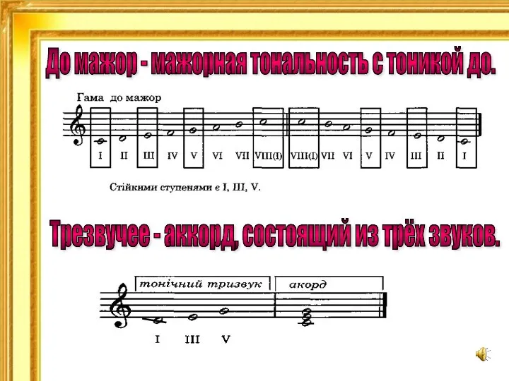 До мажор - мажорная тональность с тоникой до. Трезвучее - аккорд, состоящий из трёх звуков.