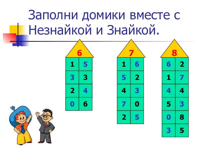 Заполни домики вместе с Незнайкой и Знайкой. 1 3 2