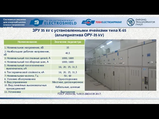 ЗРУ 35 kV с установленными ячейками типа К-65 (альтернатива ОРУ-35 kV) ГОСТ 14254-96, Ts 00212883-039:2017.