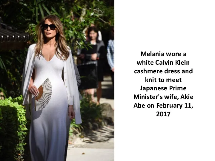 Melania wore a white Calvin Klein cashmere dress and knit to meet Japanese