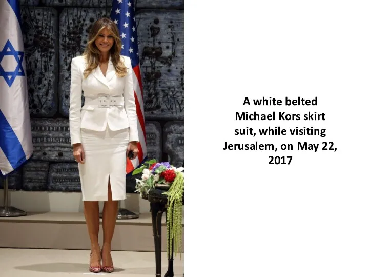 A white belted Michael Kors skirt suit, while visiting Jerusalem, on May 22, 2017