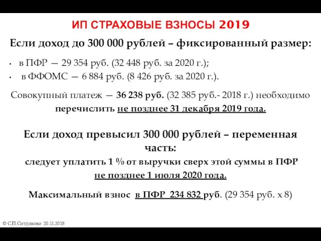 ИП СТРАХОВЫЕ ВЗНОСЫ 2019 © С.П.Ситдикова 20.11.2018 Если доход до