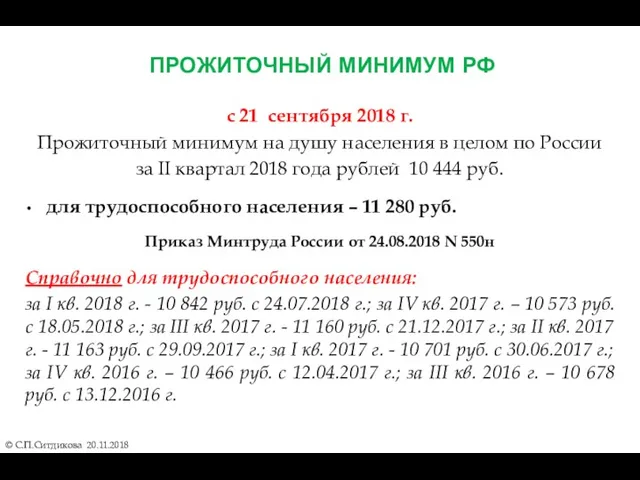 ПРОЖИТОЧНЫЙ МИНИМУМ РФ © С.П.Ситдикова 20.11.2018 с 21 сентября 2018