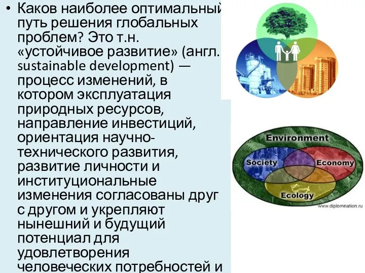 Каков наиболее оптимальный путь решения глобальных проблем? Это т.н. «устойчивое