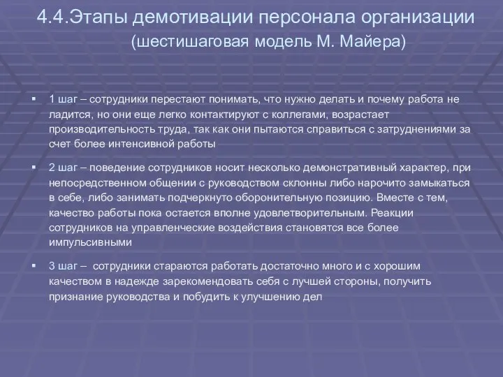 4.4.Этапы демотивации персонала организации (шестишаговая модель M. Майера) 1 шаг