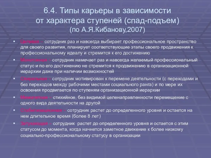 6.4. Типы карьеры в зависимости от характера ступеней (спад-подъем) (по