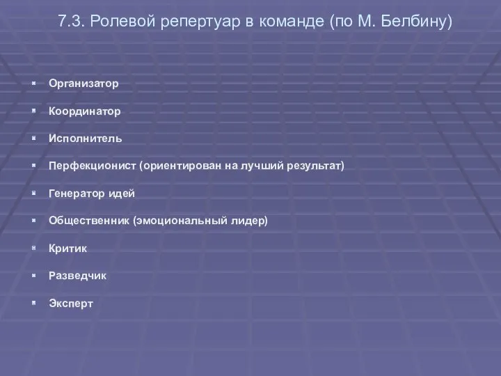 7.3. Ролевой репертуар в команде (по М. Белбину) Организатор Координатор