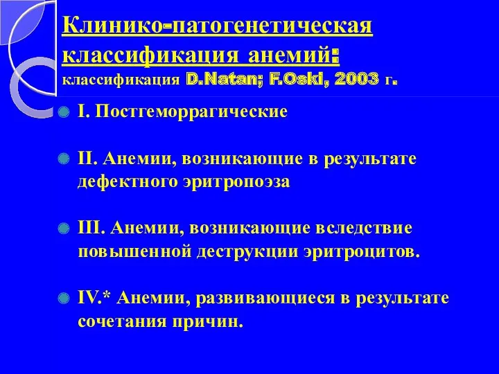 Клинико-патогенетическая классификация анемий: классификация D.Natan; F.Oski, 2003 г. I. Постгеморрагические II. Анемии, возникающие