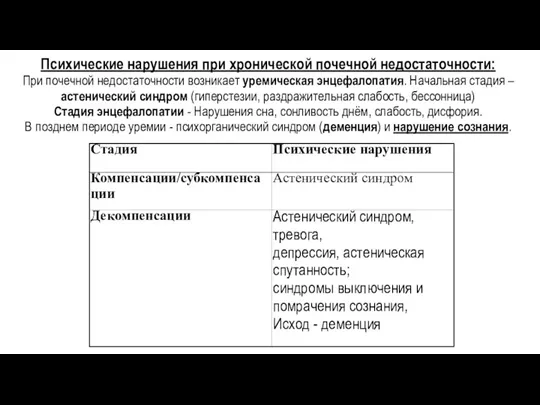 Психические нарушения при хронической почечной недостаточности: При почечной недостаточности возникает