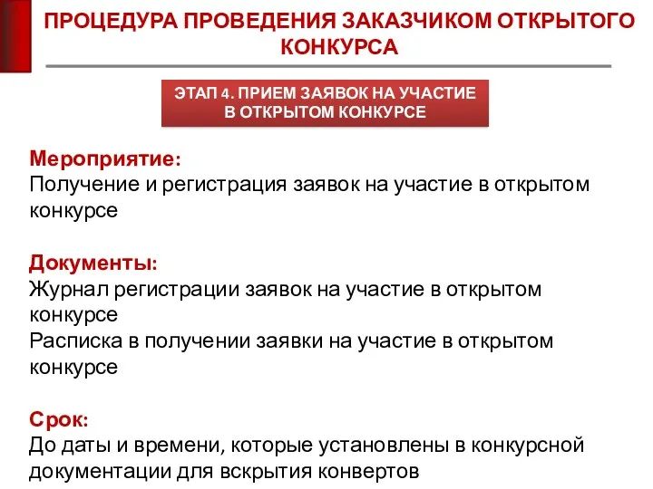 ПРОЦЕДУРА ПРОВЕДЕНИЯ ЗАКАЗЧИКОМ ОТКРЫТОГО КОНКУРСА Мероприятие: Получение и регистрация заявок