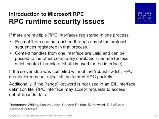Introduction to Microsoft RPC RPC runtime security issues If there
