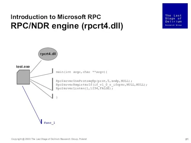 Introduction to Microsoft RPC RPC/NDR engine (rpcrt4.dll) test.exe rpcrt4.dll RpcServerUseProtseqEp(prot,5,endp,NULL);