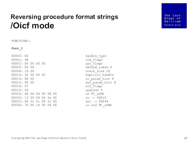 Reversing procedure format strings /Oicf mode FUNCTIONS: func_1 00000: 00